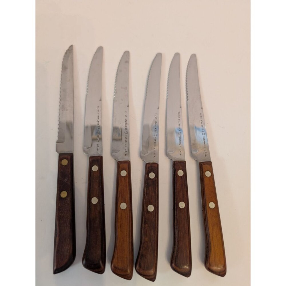 Set Of 6 Flint Stainless Vanadium USA Steak Knives With Wooden Handles